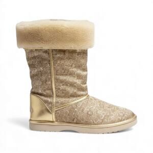 COACH Nikole Shearling Boots 8 Gold Signature Logo Winter Furry UGG Style